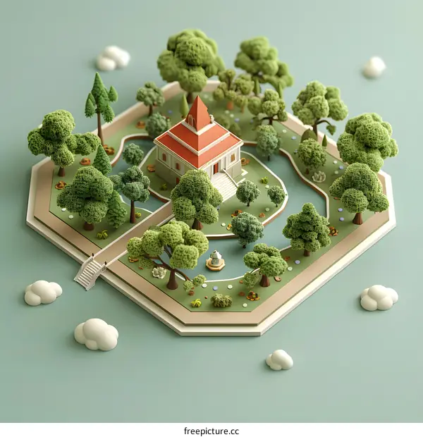 isometric illustration of a mansion and garden