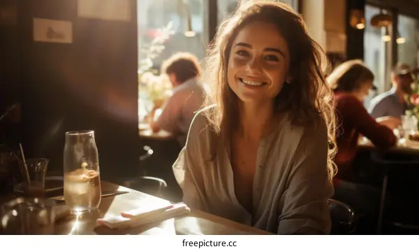 Portrait of a beautiful young woman sitting in a restaurant
