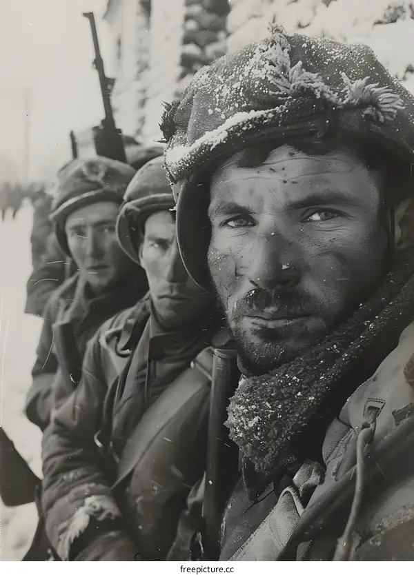 Black and white photo of three soldiers in winter gear