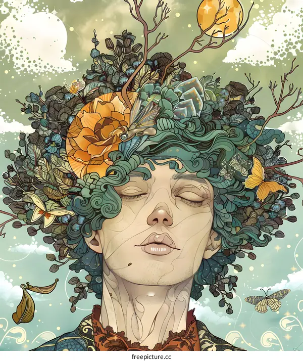 Man with Flowers Growing on His Head