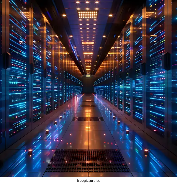 Futuristic server room with blue and green lights illuminating the room