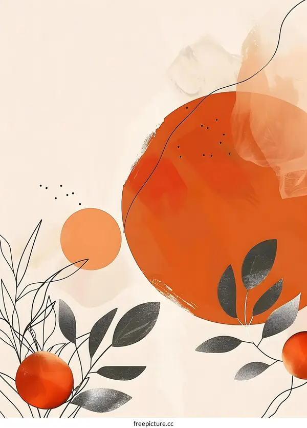 Abstract Art with Orange and Beige Circles and Leaves