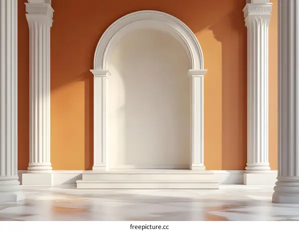 Orange Wall With White Archway And Pillars