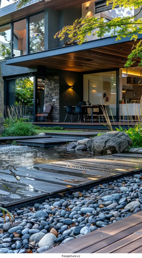 A tranquil setting of a house with a pond and a stone path