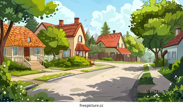 Cartoon Illustration of a Small Town Street