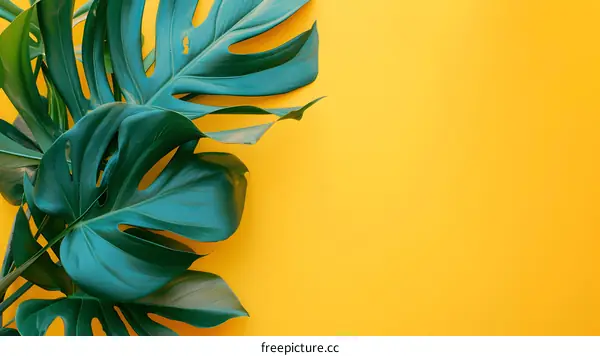 Green Monstera Leaves On Yellow Background