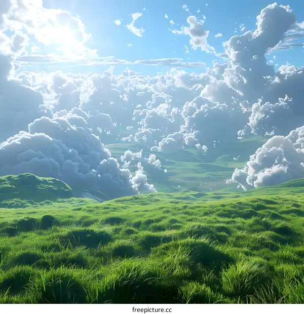Vast green hills and blue sky with white clouds