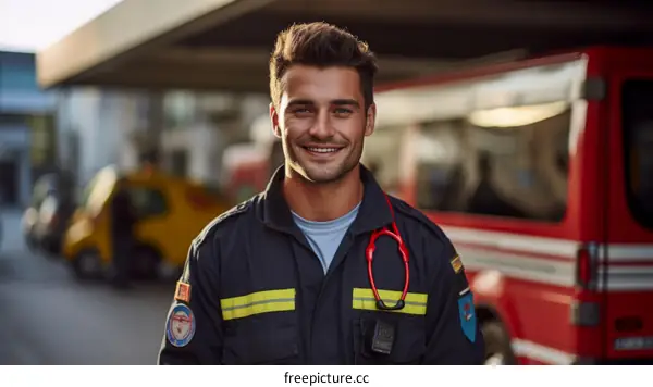 Portrait of a smiling young male paramedic in uniform standing in front of an ambulance