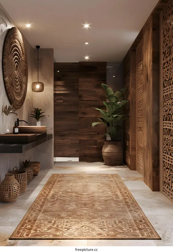 The bathroom has a large mirror, a brown patterned rug, and a wooden wall.