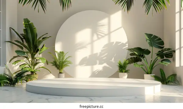 Minimalist White Podium with Green Plants and Sunlight