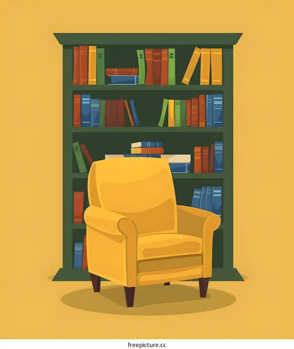 Comfortable Yellow Armchair and Bookcase with Books