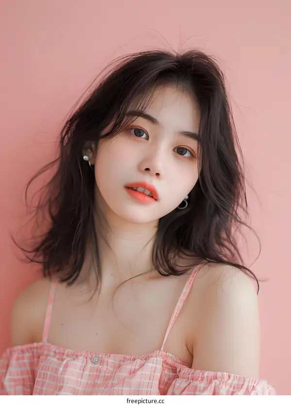 Portrait of a Young Woman with Pink Background