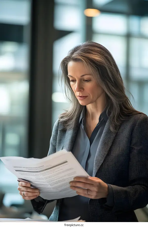 Serious Businesswoman Reviewing Documents in Office