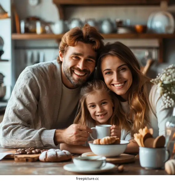 Happy family of three in the kitchen