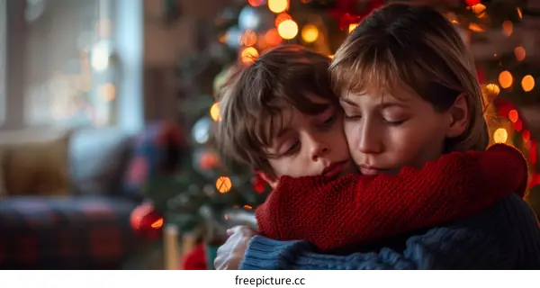 A mother and her son are hugging each other in front of a Christmas tree.