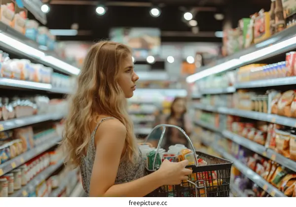 Young woman shopping in a supermarket aisle