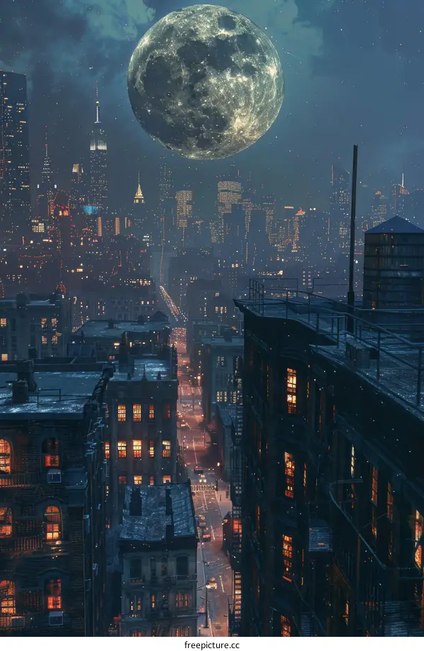Night Cityscape with a Large Moon