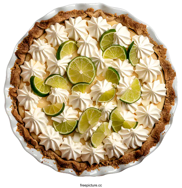 [Transparent Background PNG]Overhead view of a Key Lime Pie topped with lime slices and meringue