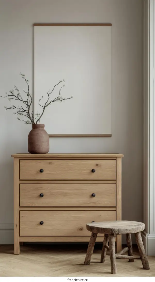 Modern Scandinavian Interior Design with Wooden Chest and Empty Frame