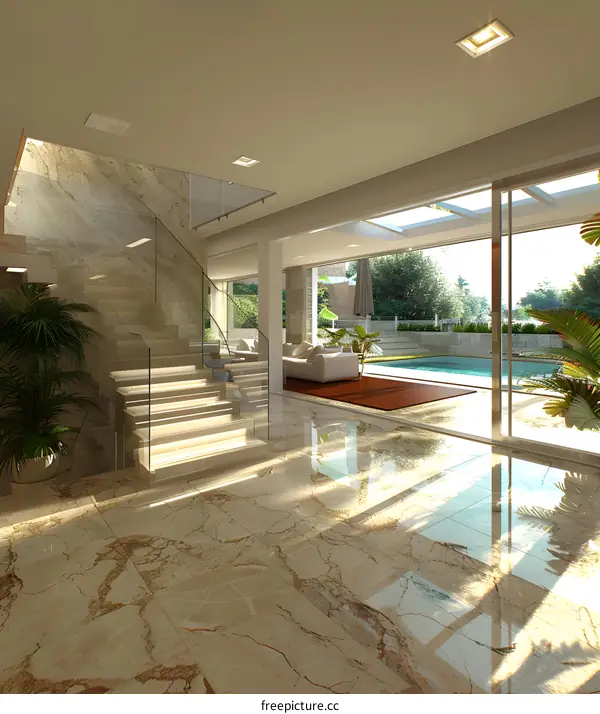Bright modern house interior with pool