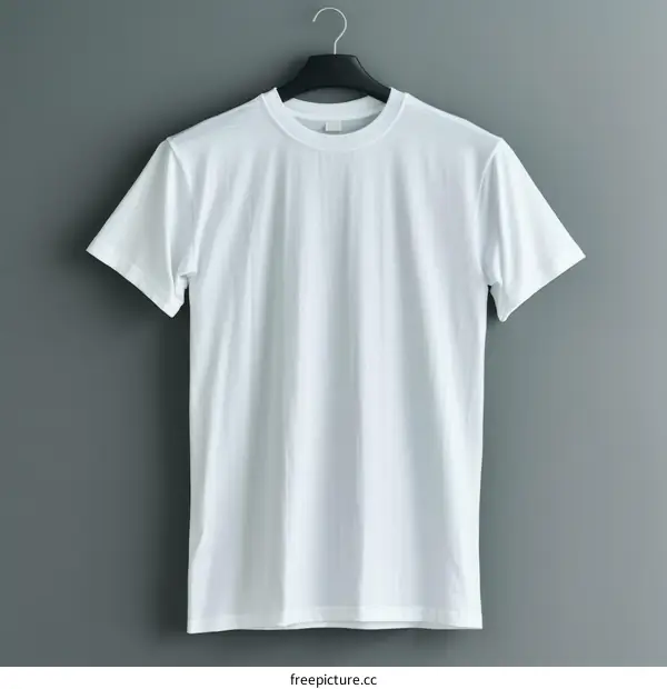White T-shirt on a hanger against a gray background