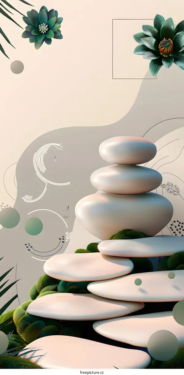 Abstract Minimalist 3D Render of Stacked Stones with Green Plants and Beige Background