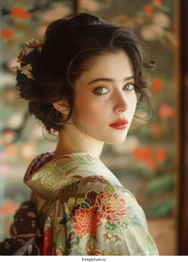 Beautiful Woman in Traditional Japanese Kimono