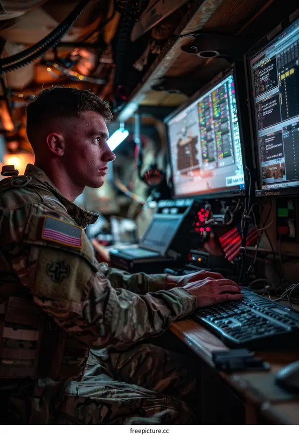 A soldier works on a computer in a dark room