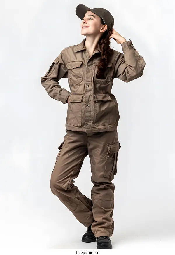 portrait of a young woman in a brown jumpsuit