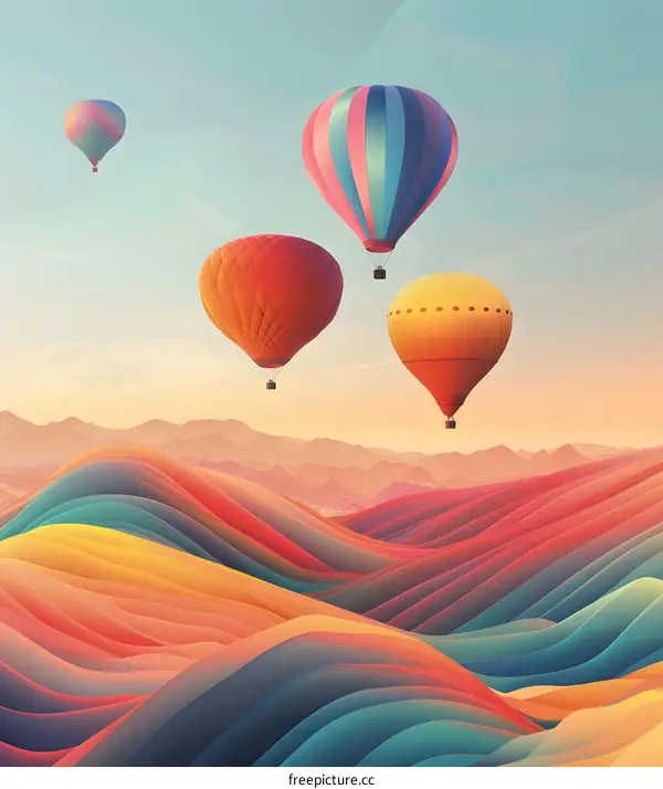 Hot Air Balloons Flying Over Colorful Abstract Hills Landscape
