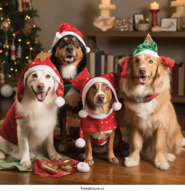 Four Dogs in Festive Christmas Attire