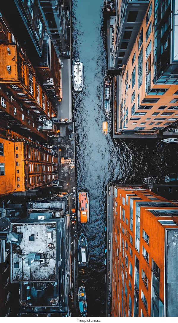 Aerial View of Boats on a Canal in a City