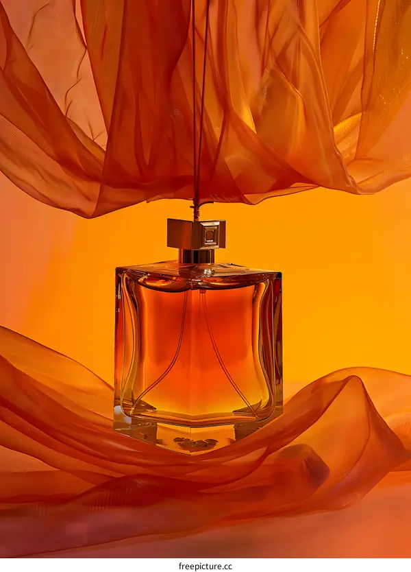 Perfume Bottle With Orange Fabric Background