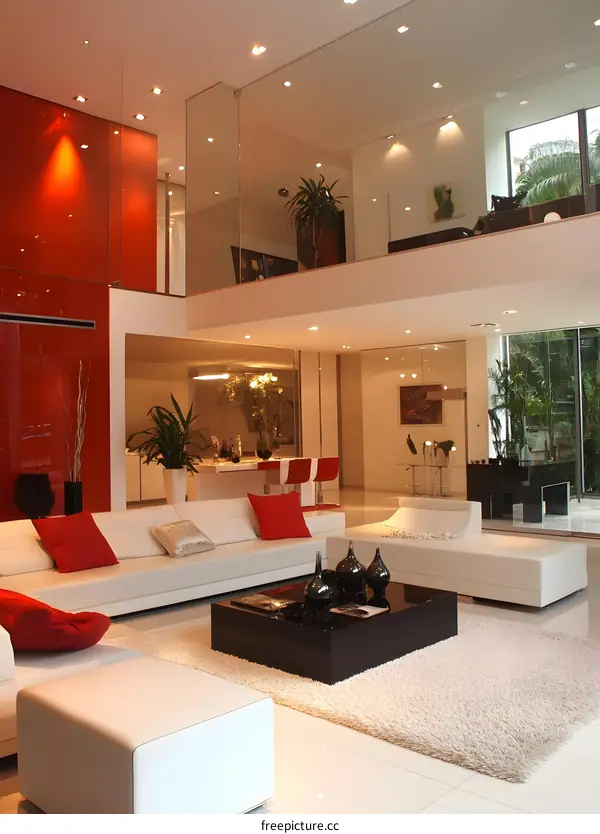 Modern Living Room Interior Design with Red Wall and White Sofa