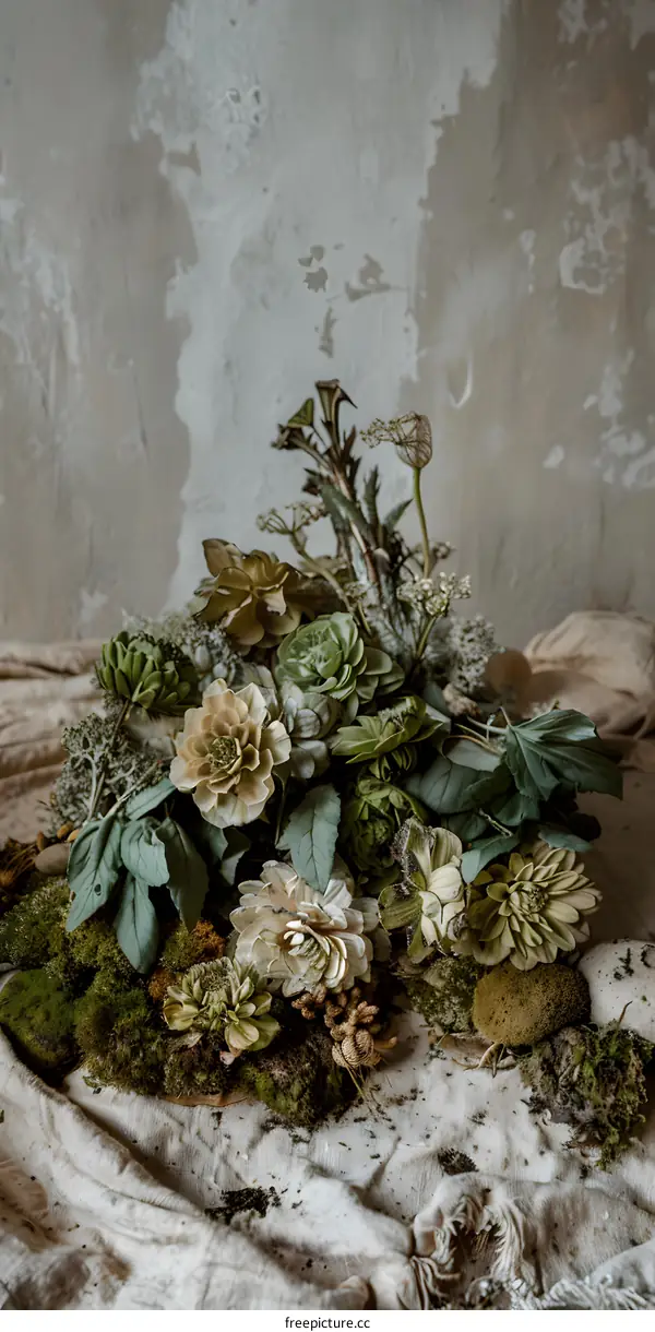 Green Succulents and Flowers on Fabric