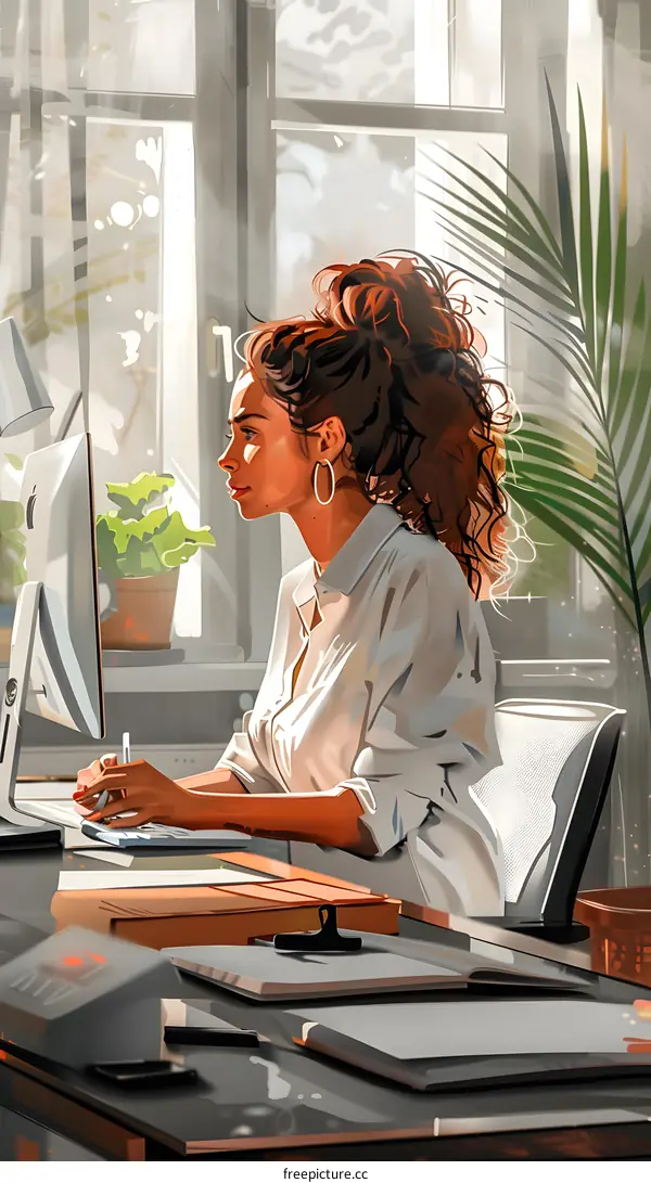 A woman is working on her computer in an office.