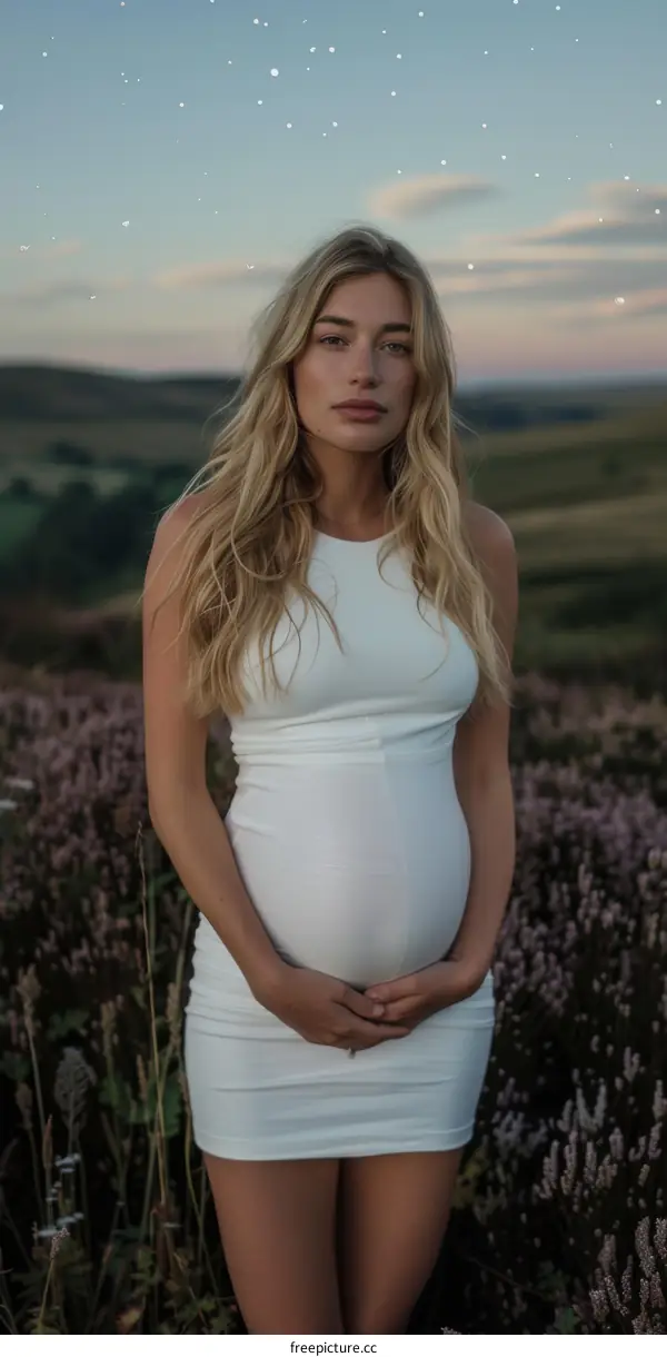 Pregnant woman standing in a field of flowers