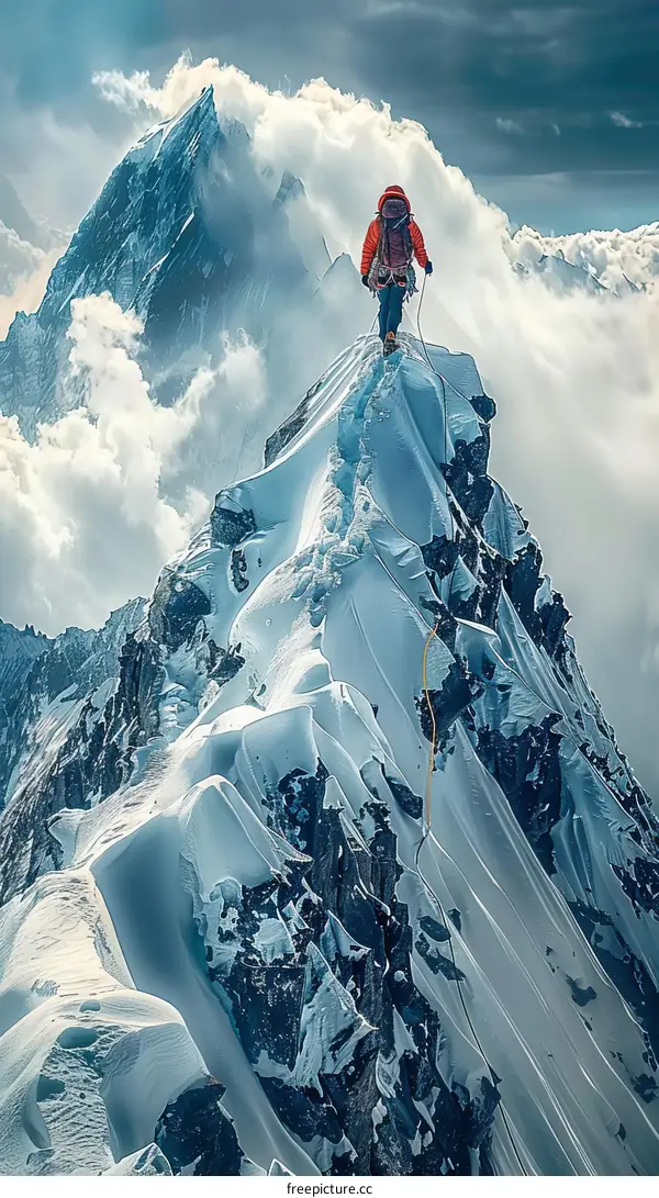 A lone mountaineer ascends a treacherous peak