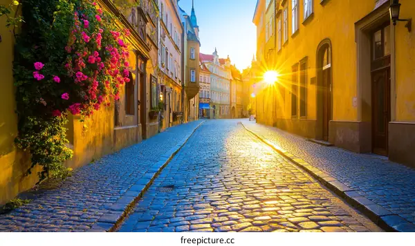 Charming European Cobblestone Street at Sunrise