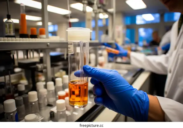gloved hand holding a test tube of amber liquid in a lab with shelves of chemicals in the background