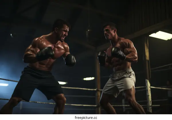 Two muscular men in a boxing match
