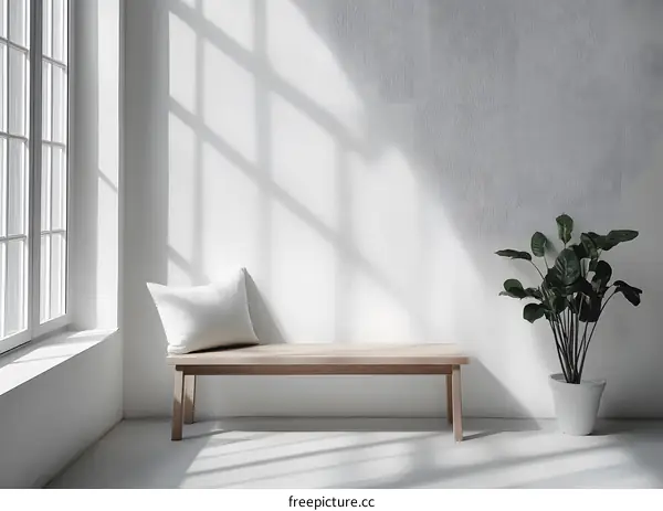 Minimalist White Room With Wooden Bench and Plant