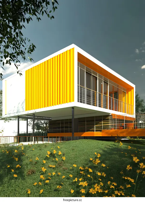Modern Yellow and White House with a Balcony