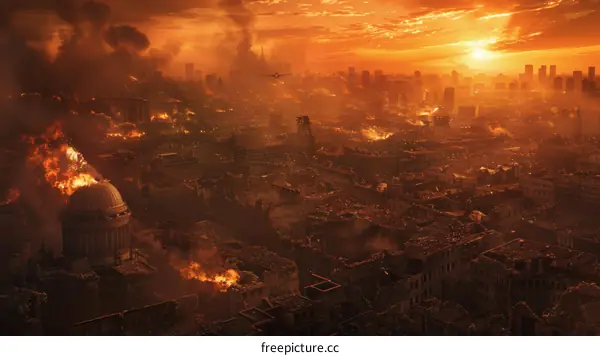 A post-apocalyptic city in ruins after a devastating war
