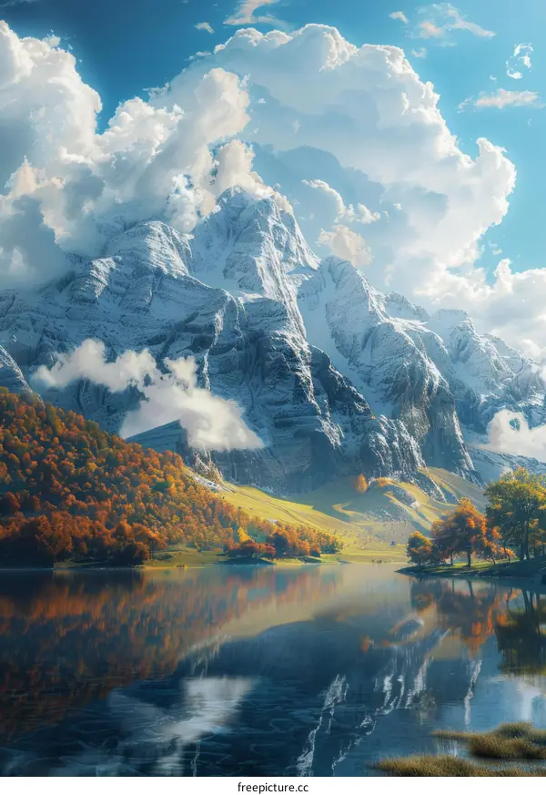 The sun shines on the snow-capped mountains and the lake in the valley