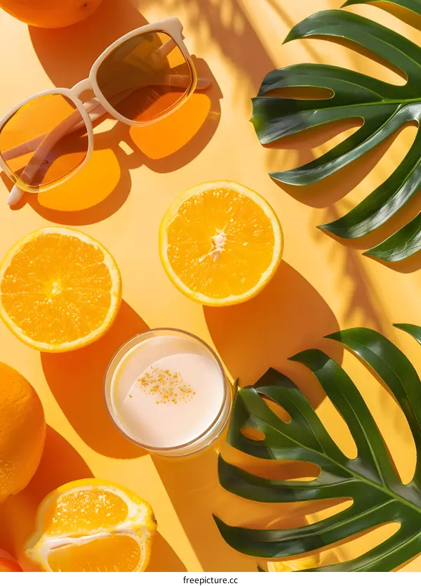 Tropical Summer  Orange and Monstera Leaves Flat Lay