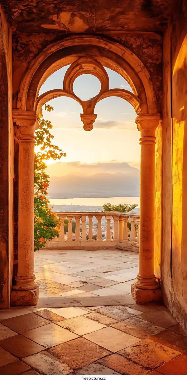 Stone Archway with View of City and Mountains