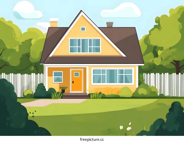 Yellow House with Green Grass and White Fence Illustration