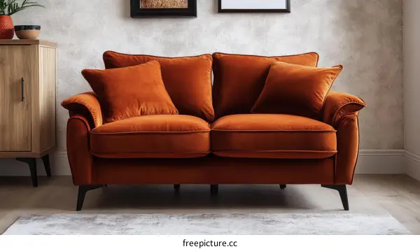 Modern Velvet Sofa in Burnt Orange