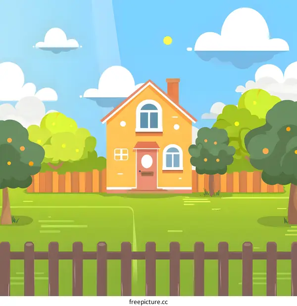 Yellow House with Fence in Sunny Day